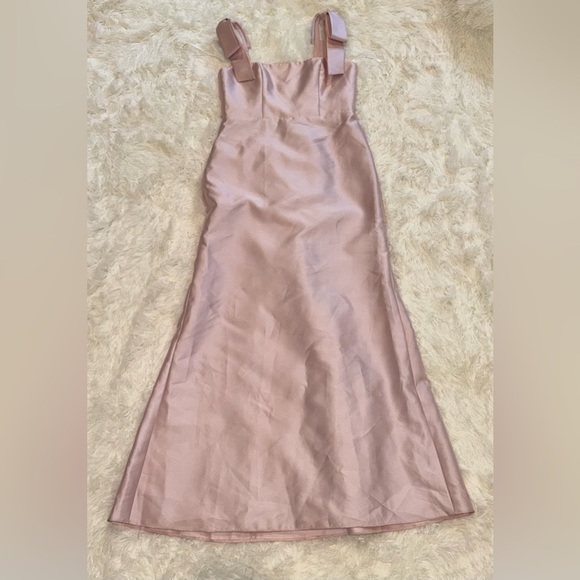 NWOT ALFRED SUNG ballet pink Bow Strap Satin Twill Trumpet Gown Sz 6 - Picture 2 of 6